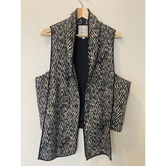 John Mark Fuzzy Wool Blend Open Cardigan Vest High Low Large Black White - Picture 1 of 9
